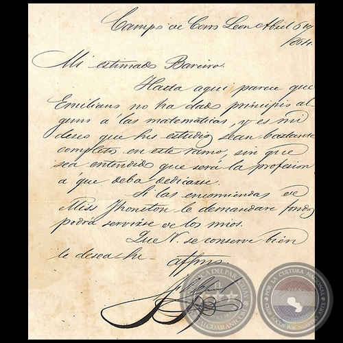 CARTA DE FRANCISCO SOLANO LÓPEZ A CÁNDIDO BAREIRO, ABRIL 1864